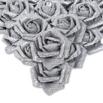 Flores artificiais IPOPU, rosas prateadas com glitter, 50 unidades