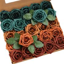 Flores artificiais Ling's Moment, 25 unidades, 3 rosas, tons de azul-petróleo