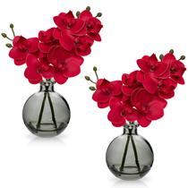 Flores artificiais Oairse Red Orchids com vaso de vidro, conjunto de 2