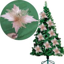Flores Árvore De Natal Rosa Com Gliter Dourado Kit 12pç 23cm Flores Árvore De Natal Rosa Com Gliter Dourado Kit 12pç 23cm