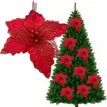 Flores árvore Natal Gliter Vermelho Decoração 25cm Kit 8pçs