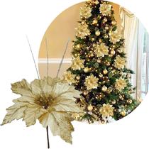 Flores Brilhantes Dourada Decoração Natal De 40cm Kit 10pçs