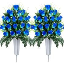 Flores de cemitério artificiais XONOR Roses com vaso, 2 conjuntos azuis Flores de cemitério artificiais XONOR Roses com vaso, 2 conjuntos azuis