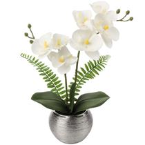 Flores de orquídea artificiais brancas brilhantes com vaso prateado de 33 cm