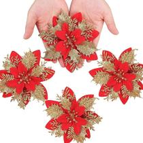 Flores de Poinsétia Artificiais Decorativas com Glitter de Natal 14cm 24 Unidades - Dourado e Vermelho - SANLIN BEANS