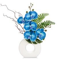Flores de seda azul de orquídea artificial 41 cm com vaso de cerâmica
