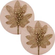 Flores Enfeite Árvore Natal Gliter Dourado De 45cm Kit 12pçs