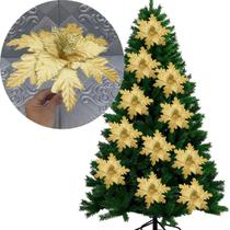Flores Ramos Arranjo Enfeite Natalino Dourado 20cm Kit 12pçs