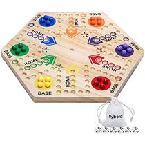 flybold Marble Board Game Original Wahoo Board Game Double Sided Pintado 6 e 4 Jogador Jogo de Tabuleiro de Madeira Com 6 Cores 24 Mármores 6 Dados e Saco de Desenho de Veludo para Adultos Família Criança