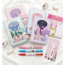 Fofy Kit Papelaria Fofa Meow Stationery, Agenda Diário Bloco de Notas Caneta Hello e Mini Estilete Fofy Kit Papelaria Fofa Meow Stationery, Agenda Diário Bloco de Notas Caneta Hello e Mini Estilete