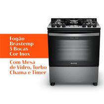 Fogão Brastemp 5 Bocas Cor Inox Com Mesa de Vidro, Turbo Chama e Timer - BFS5XAR