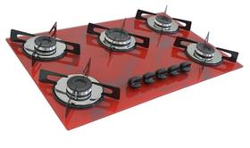 Fogão Cooktop À Gás 5 Bocas ChamaLar MARMORIZADO VERMELHO Premium Ultra Chama Vidro Bivolt