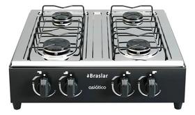 Fogão Cooktop de Mesa Portátil Asiático com Mesa Inox 4 Bocas Á gás Acendimento Manual Braslar Preto