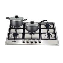 Fogão Cooktop Inox a Gás 5 Bocas 1 Dupla Ecg05 Eos + 2 Panelas Tramontina Turim Fogão Cooktop Inox a Gás 5 Bocas 1 Dupla Ecg05 Eos + 2 Panelas Tramontina Turim