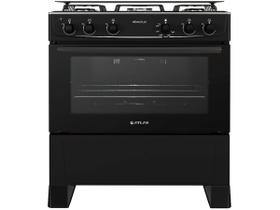 Fogão de Piso Gás 5 Bocas Mesa de Inox Tampa Vidro Forno Cozinha Moderna Atlas Mônaco Preto