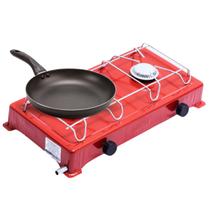 Fogão Fogareiro Camping Portatil 2 Bocas Vermelho À Gás Baixa Pressão Caminhoneiro