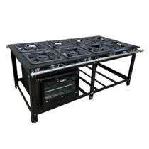 Fogão Industrial de Centro 8 Bocas Duplas Cefaz Linha Gold Baixa Pressão Aço Carbono com Forno 100 Litros Tampa de Vidro C-CFZG-159+FRG-22