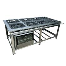 Fogão Industrial de Centro 8 Bocas Duplas Cefaz Linha Gold Baixa Pressão Inox com Forno 100 Litros Tampa de Vidro C-I430-CFZG-159+I430-FRG-22