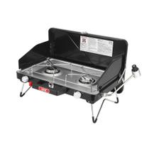 Fogão Portátil a Gás Propano Feasto com 2 Bocas, Pernas Dobráveis, Ignição por Botão e Protetores de Vento para Camping, Churrasco e Mais, Preto