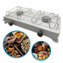 Fogão portátil Camping Duas Bocas Gás Fogareiro Caminhoneiro Viagem Acampamento Pes Branco - Jolly