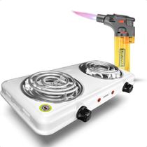 Fogareiro Fogão Cooktop Duas Bocas 127v Elétrico Portátil 2000w Churrasco Com Maçarico Automático Viagem Isqueiro A Gás