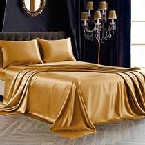 Folha de cetim SiinvdaBZX 4Pcs Conjunto King Size Ultra Silky Soft Gold Satin King Lençóis com Bolso Profundo, 1 Folha Equipada, 1 Folha Plana, 2 Calças de Fechamento de Envelope