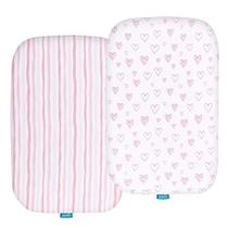 Folhas de bassinet compatíveis com MiClassic 2in1 Stationary&Rock Bassinet, (2 Pack), 100% Jersey Knit Cotton Fitted Sheets, Mild Pink Stripes e Hearts Print for Baby Girls