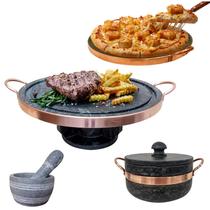 Fondue 27cm+ Panela 800ml+ Forma para Pizza 32cm+ Pilão Almofariz Curado - Arte Nativa Pedras