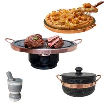 Fondue 32cm+ Panela 800ml+ Forma para Pizza 37cm+ Pilão Alto Curado - Arte Nativa Pedras