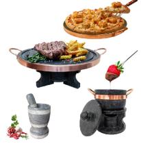 Fondue 37cm+ Fondue Panela 500ml+ Forma para Pizza 23cm+ Pilão Alto Curado - Arte Nativa Pedras