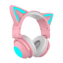 Fone de ouvido Bluetooth Cute Cartoon Cat Ears RGB rosa claro