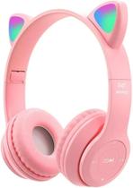 Fone De Ouvido Bluetooth LED Orelha Gato Infantil rosa Headphone