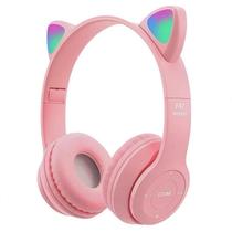 Fone De Ouvido Com Orelha de Gatinho Cat Ear Headphone Bluetooth com Luzes RGB para crianças e adultos (Rosa)