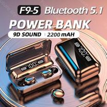 Fone de ouvido F9-5, Função POWER BANK, TWS, Bluetooth 5.0, Earbuds Headset, LED Power Display