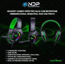 Fone de ouvido Gamer Viper Pro Naja com Microfone Omnidirecional removível RGB USB Preto