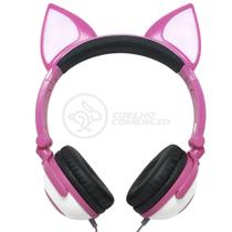 Fone de Ouvido Gatinho Fio Com Led Orelha Gato Dobrável Infantil Microfone - Rosa