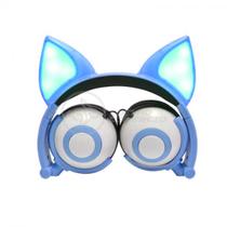 Fone de Ouvido Gatinho Fox Fio Com Led Orelha Gato Dobrável Infantil Microfone - Azul