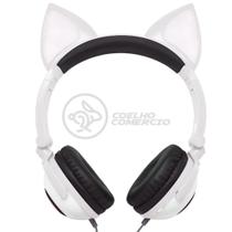 Fone de Ouvido Gatinho Fox Fio Com Led Orelha Gato Dobrável Infantil Microfone - Branco