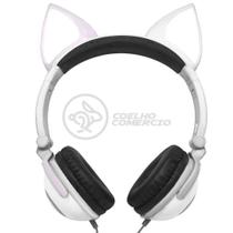 Fone de Ouvido Gatinho Fox Fio Com Led Orelha Gato Dobrável Infantil Microfone - Branco