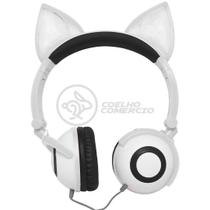 Fone de Ouvido Gatinho Fox Fio Com Led Orelha Gato Dobrável Infantil Microfone - Branco