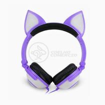 Fone de Ouvido Gatinho Fox Fio Com Led Orelha Gato Dobrável Infantil Microfone - Roxo