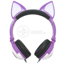 Fone de Ouvido Gatinho Fox Fio Com Led Orelha Gato Dobrável Infantil Microfone - Roxo