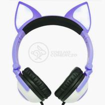 Fone de Ouvido Gatinho Fox Fio Com Led Orelha Gato Dobrável Infantil Microfone - Roxo