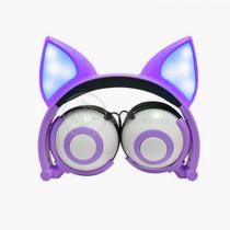 Fone de Ouvido Gatinho Fox Fio Com Led Orelha Gato Dobrável Infantil Microfone - Roxo