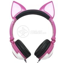 Fone De Ouvido Gatinho S/Fio C/Led Dobrável Rosa Branco