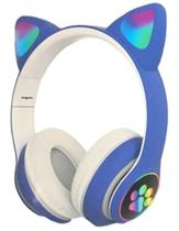 Fone de ouvido headphone Bluetooth com luz de LED RGB de gatinho azul - CAT