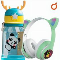 Fone de ouvido infantil bluetooth gatinho + Garrafinha 600ML - 01Smart