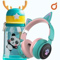 Fone de ouvido infantil bluetooth gatinho + Garrafinha 600ML