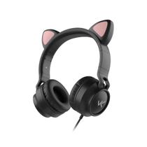 Fone De Ouvido Infantil Headset Kitty Ear KE110P Orelha De Gato Preto Cabo P3 1.2m Com Microfone