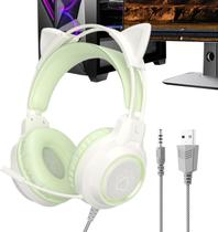 Fone de ouvido para jogos Wired Cat Ear com microfone, luz LED verde/branca